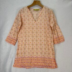 Rockflowerpaper‎ Womens Size L Pink Orange Floral 3/4 Sleeve Cotton Tunic Top